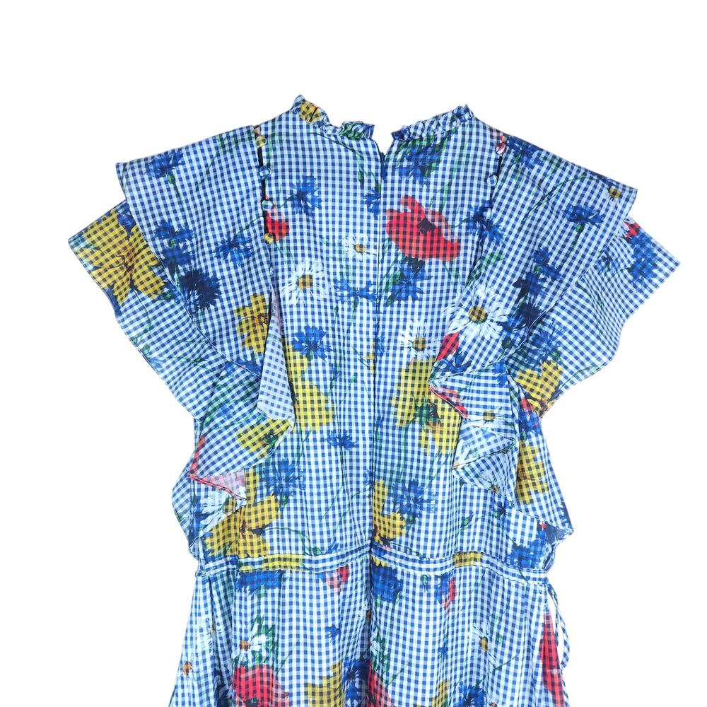 Pearl by Lela Rose Floral Gingham Dress 8 Blue White Ruffle Detail Cottagecore - Picture 9 of 15